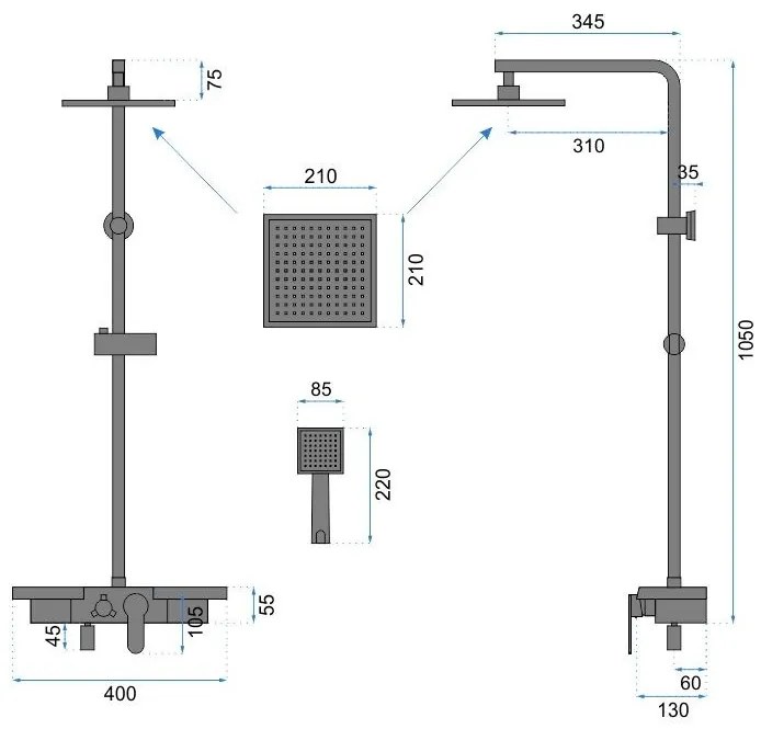 Baterie pentru dus Bravo negru mat - H 105 cm
