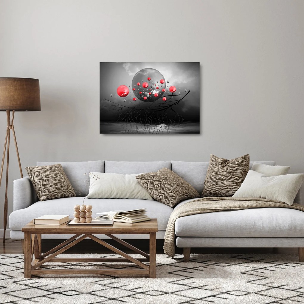 Tablou pe sticlă cu bile abstracte roșii (70x50 cm)