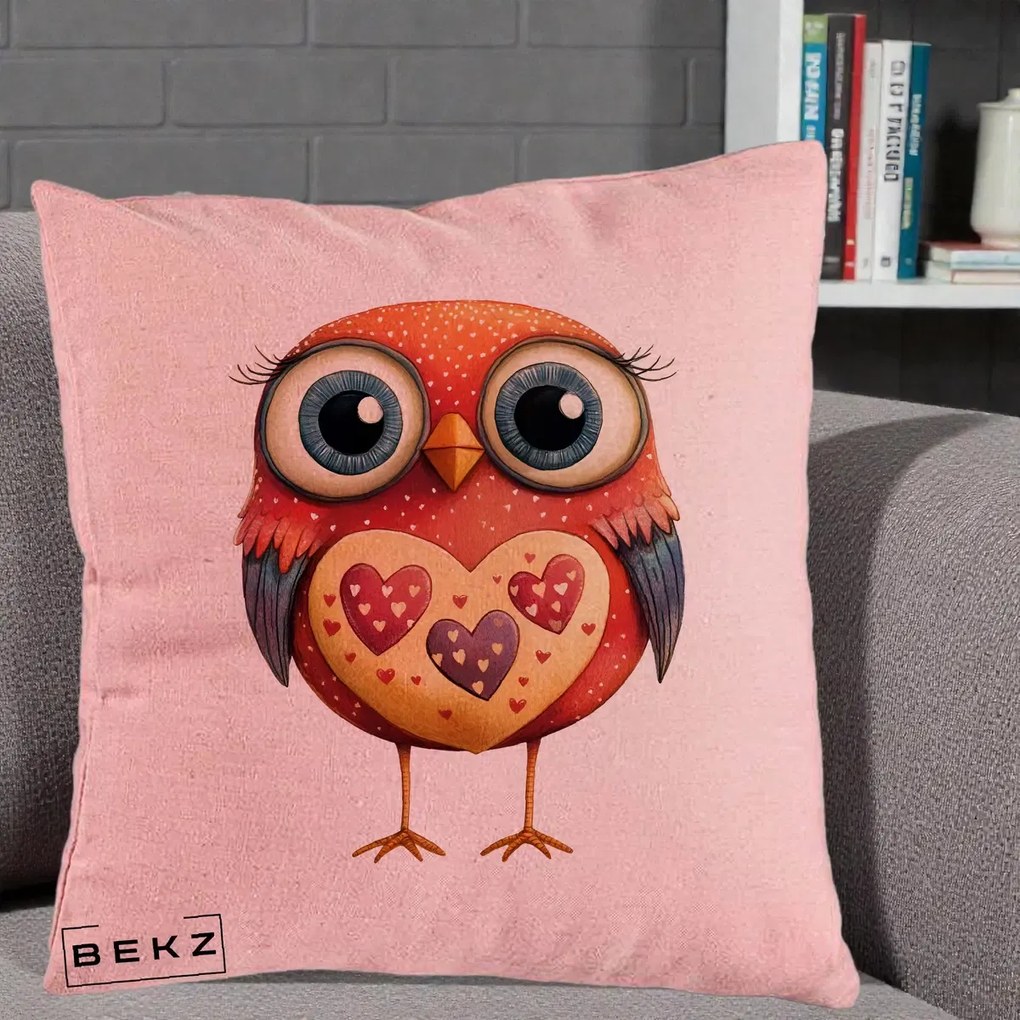Perna Decorativa Bufnita Rosie cu Inimi Aurii, 40x40 cm, Roz, Husa Detasabila, Perna Inclusa, BEKZ®