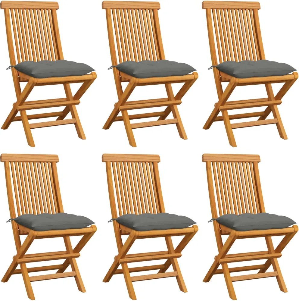 vidaXL Scaune de grădină cu perne, 6 buc., gri, lemn masiv de tec