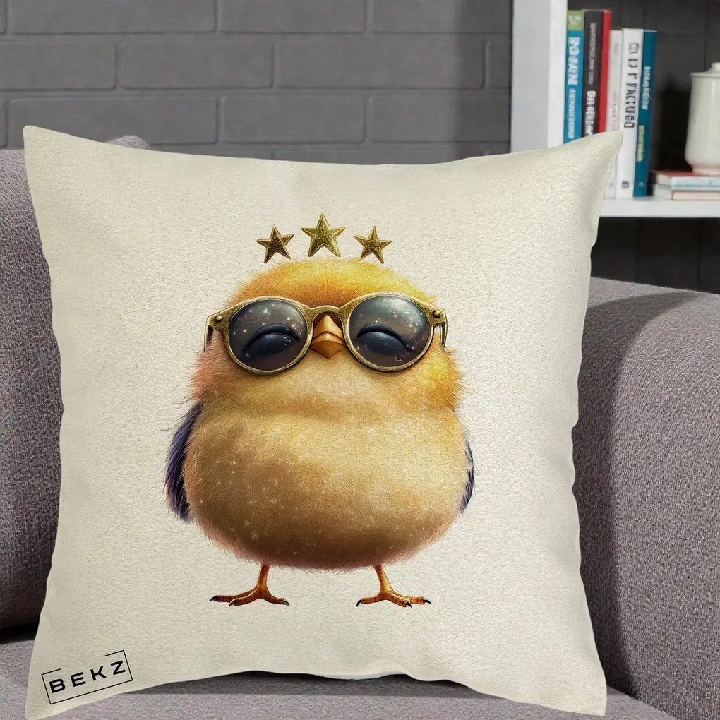 Perna Decorativa Pui Gold Star cu Ochelari Aurii, 40x40 cm, Ecru, Husa Detasabila, Perna Inclusa, BEKZ®