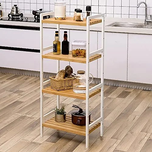 Etajera Multifunctionala cu 4 Rafturi, Bambus, Alb / Natur, Vasagle, BCB74WN
