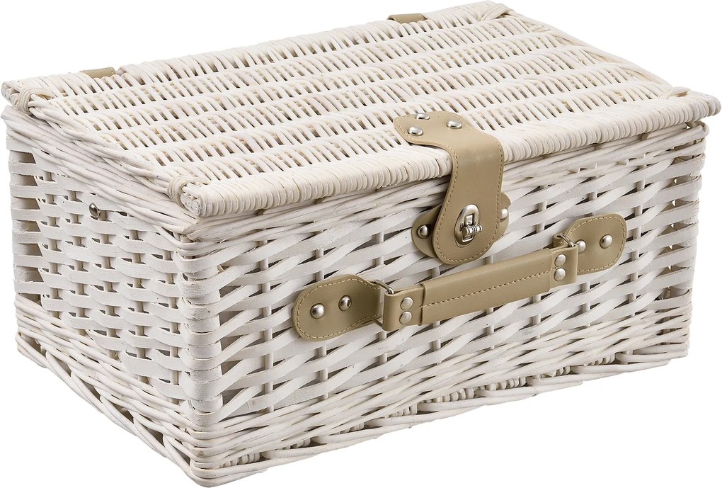[casa.pro]® Cos picnic 4 persoane,  40 x 28 x 19 cm, rachita/poliuretan-imitatie piele/textil, alb