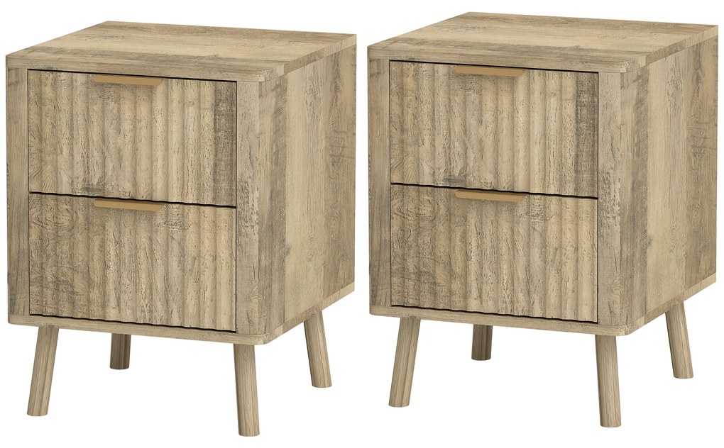 HOMCOM Lot de 2 noptiere cu 2 sertare canelate pentru cameră de dormit, sufragerie, 40 x 40 x 53 cm, stejar | Aosom Romania