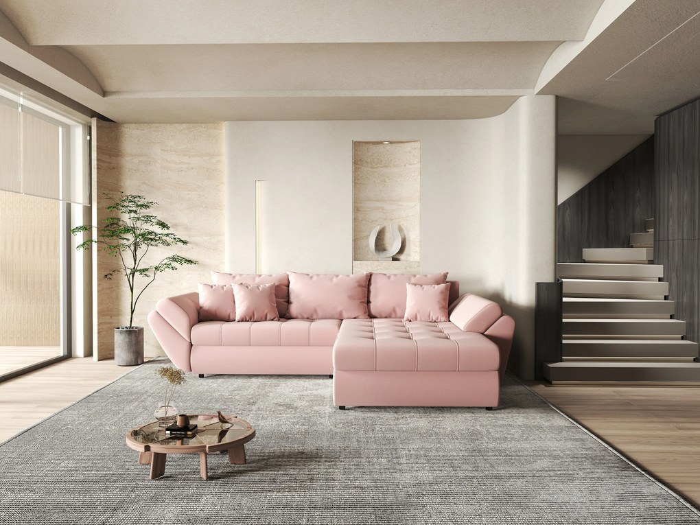Colțar extensibil dumonde cu ladă de depozitare si sezut confortabil din spuma high-density, Loana Royal Pink II 270x185 cm
