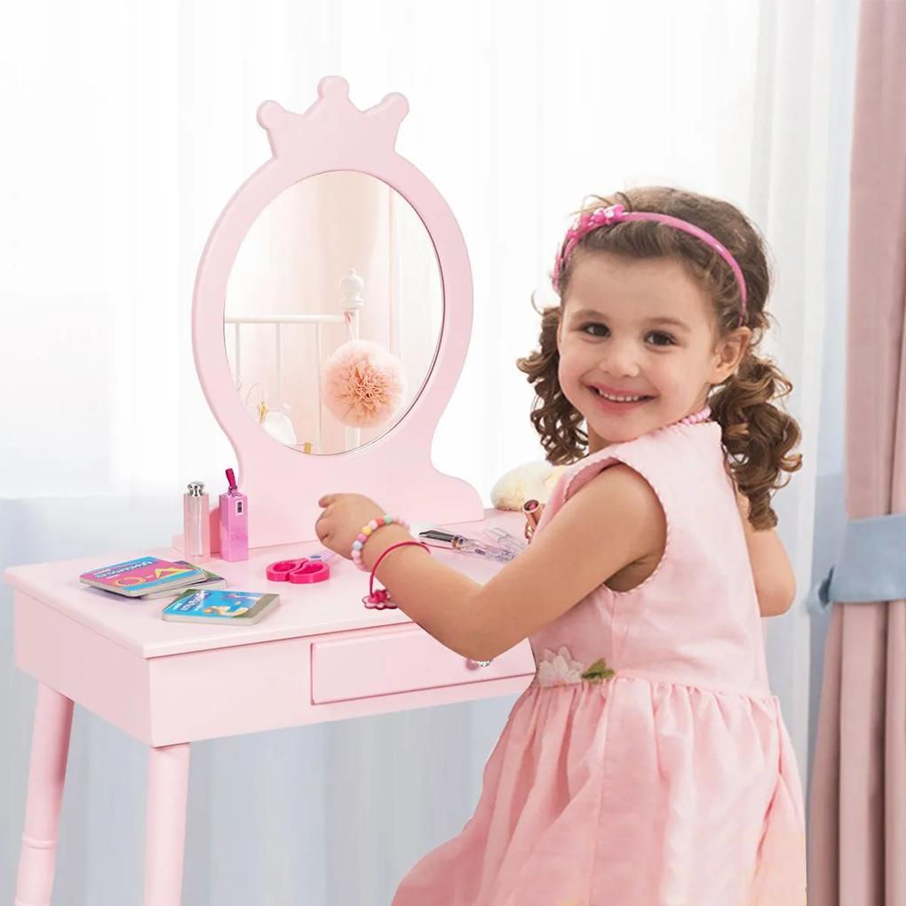 Măsuţă de toaletă pentru copii cu taburet, oglindă detaşabilă de culoare roz
