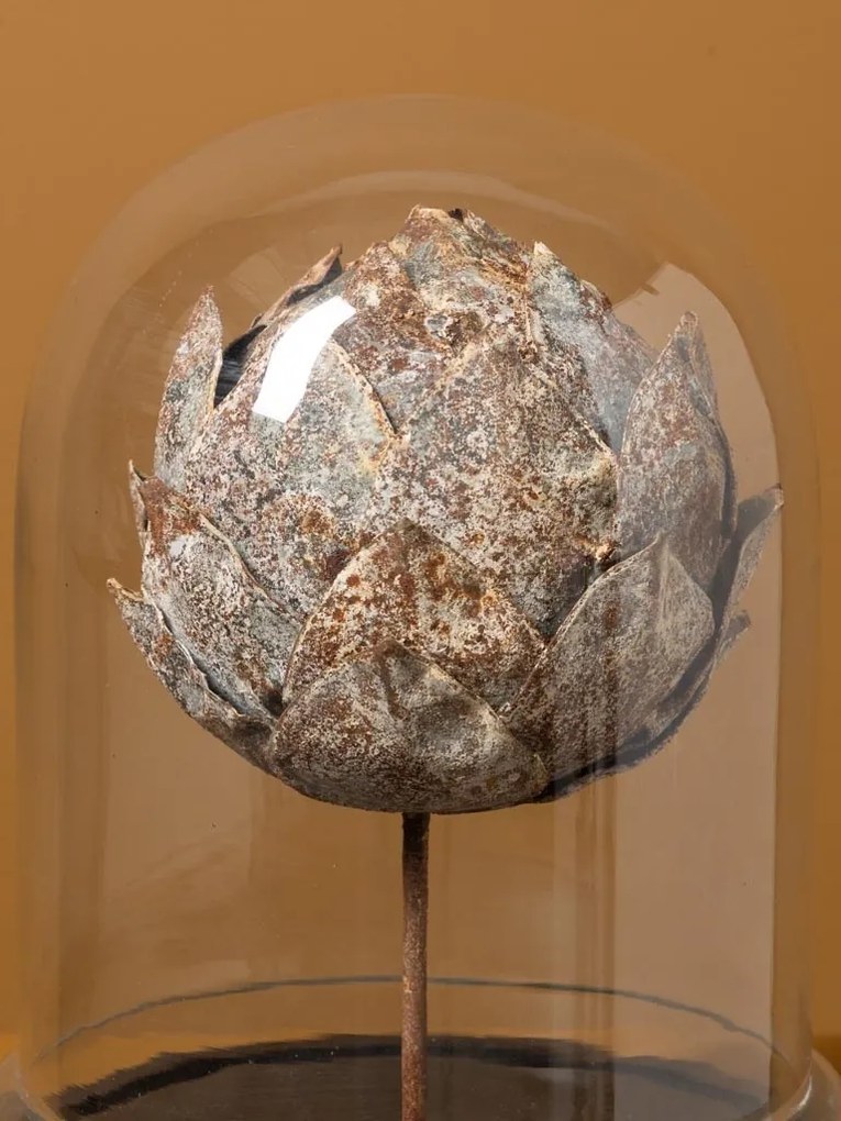 Cupolă decorativă din sticlă, anghinare din metal cu petale sculptate, gri, bază din lemn de mango, finisaj antichizat, 26 x 23 cm, „Artichaut”