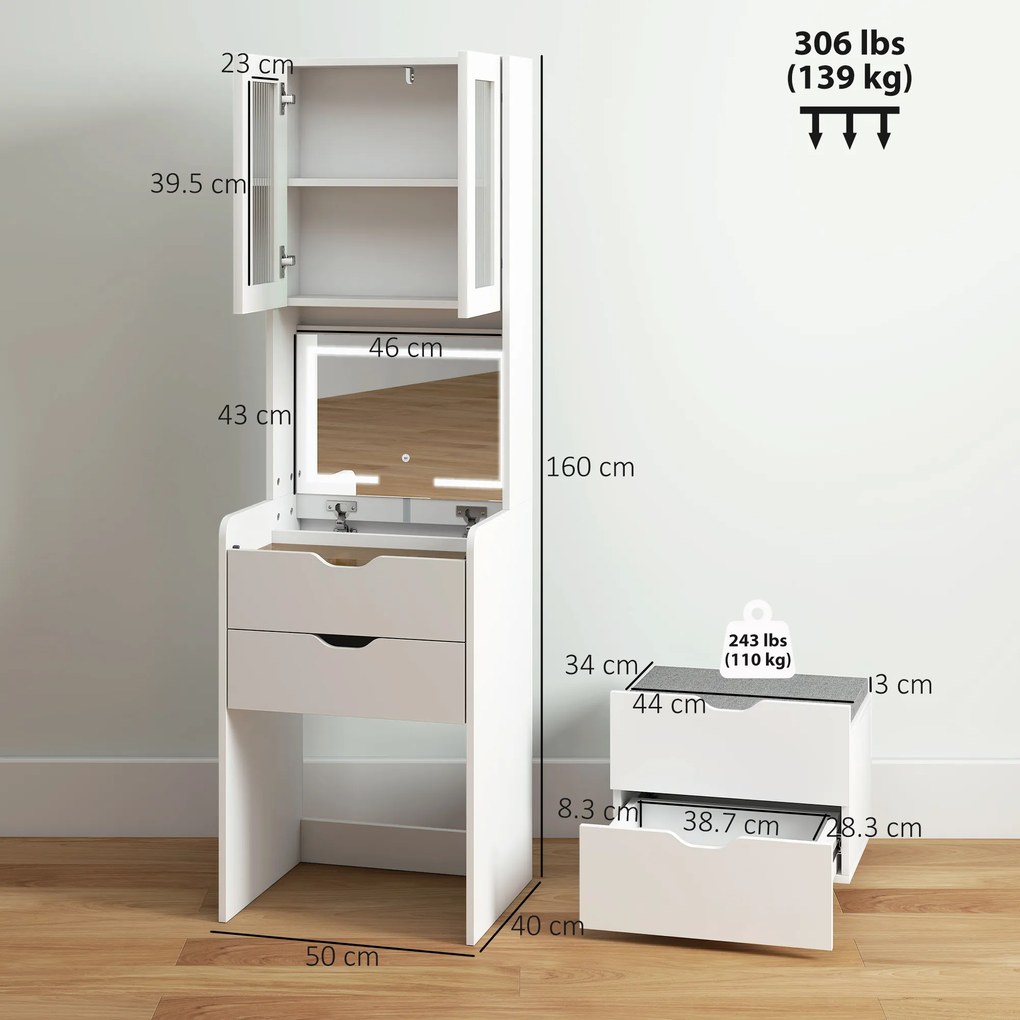HOMCOM Stație de Machiaj cu Lumini LED în 3 Culori, Oglindă Rabatabilă, Scaun Ascuns, Măsuță de Machiaj cu Scaun Îmbunătățit, 3 Sertare, Compartiment, Dulap cu Uși din Sticlă, Modern, Alb | Aosom Romania