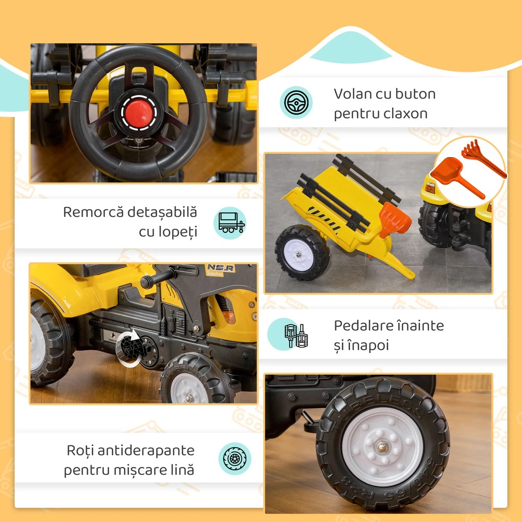 HOMCOM Tractor Copii pentru Copii de 3 Ani cu Pedale și Excavator, 167x41x52 cm, Galben | Aosom Romania