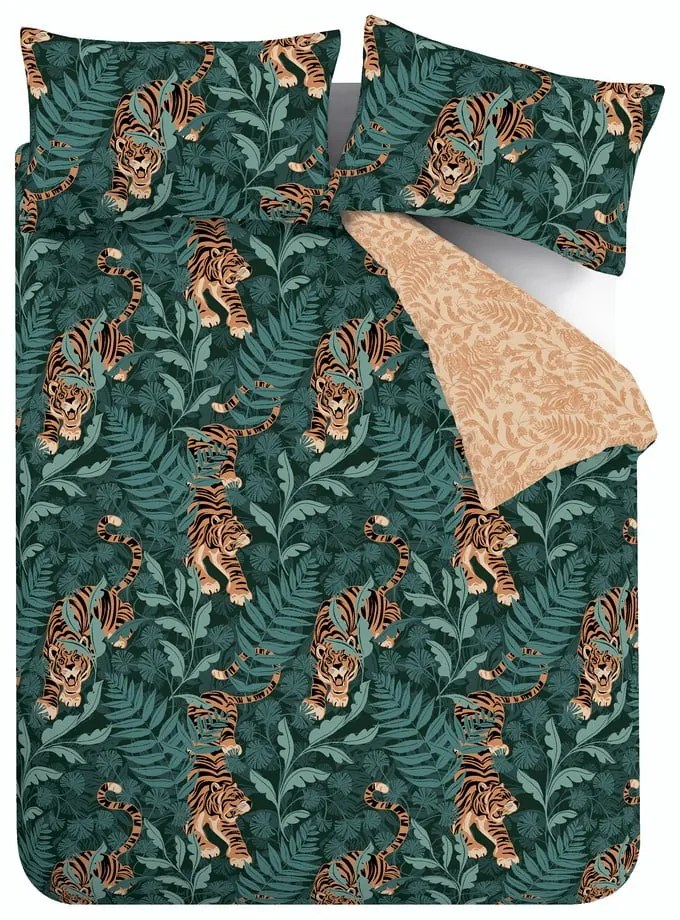 Lenjerie de pat verde-maro pentru pat dublu, extinsă 230x220 cm Tropic Tiger Leaf – Catherine Lansfield