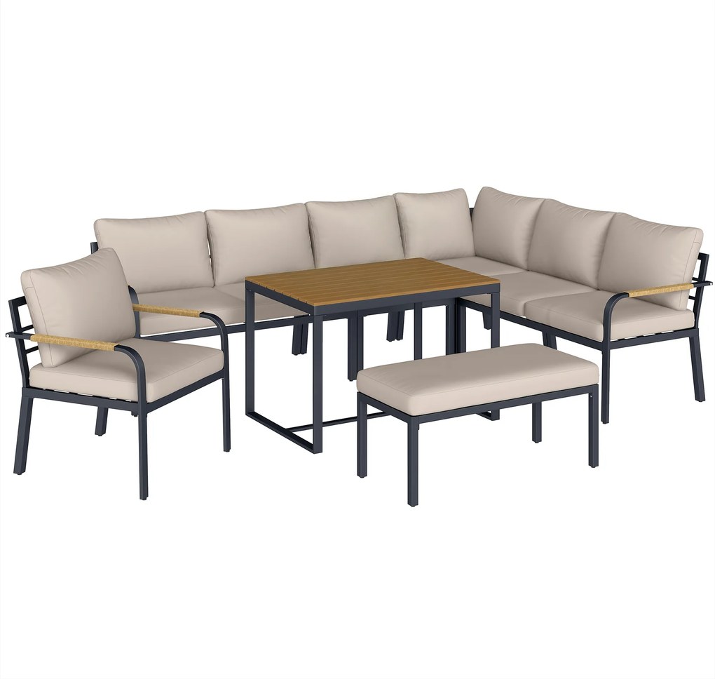Outsunny Set mobilier grădină 7 piese Colțar modular exterior cu masă WPC și pouf bej și gri | Aosom Romania