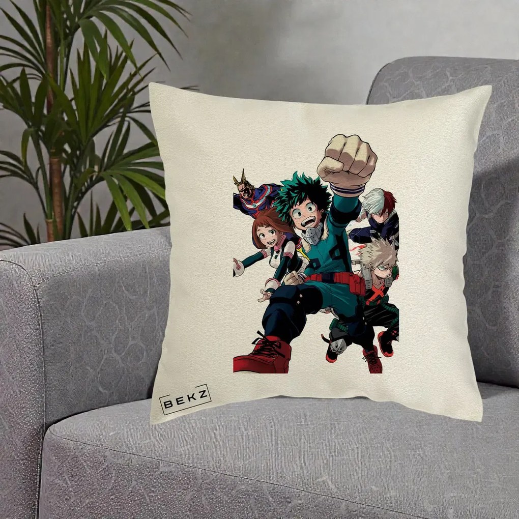 Perna Personalizata My Hero Academia Izuku Deku si Echipa, 40x40 cm, Ecru, Husa Detasabila, Perna Inclusa, BEKZ®