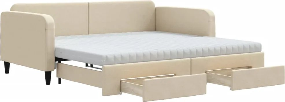 vidaXL Pat de zi cu extensie și sertare, crem, 100x200 cm, textil