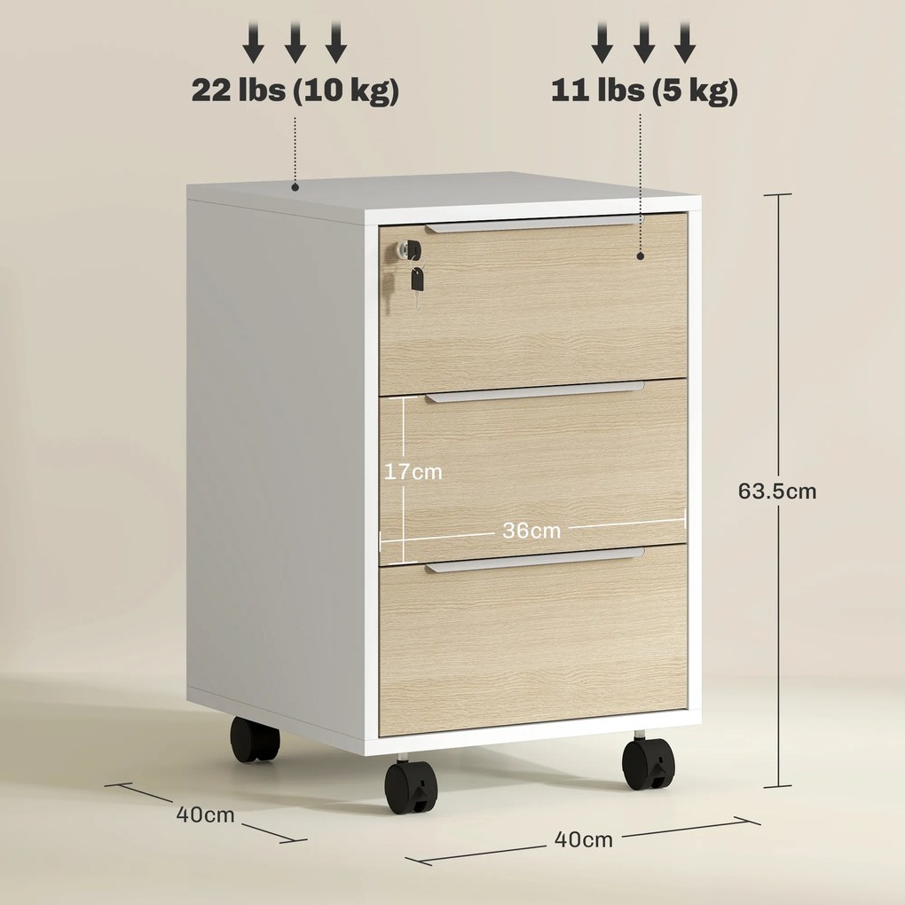 HOMCOM Dulap de Birou cu 3 Sertare, 4 Roți, Comodă de Birou cu Sistem de Blocare și 2 Chei pentru Documente Format A4, Dulap Vertical pentru Studiu, 40x40x63.5 cm, Alb și Stejar | Aosom Romania