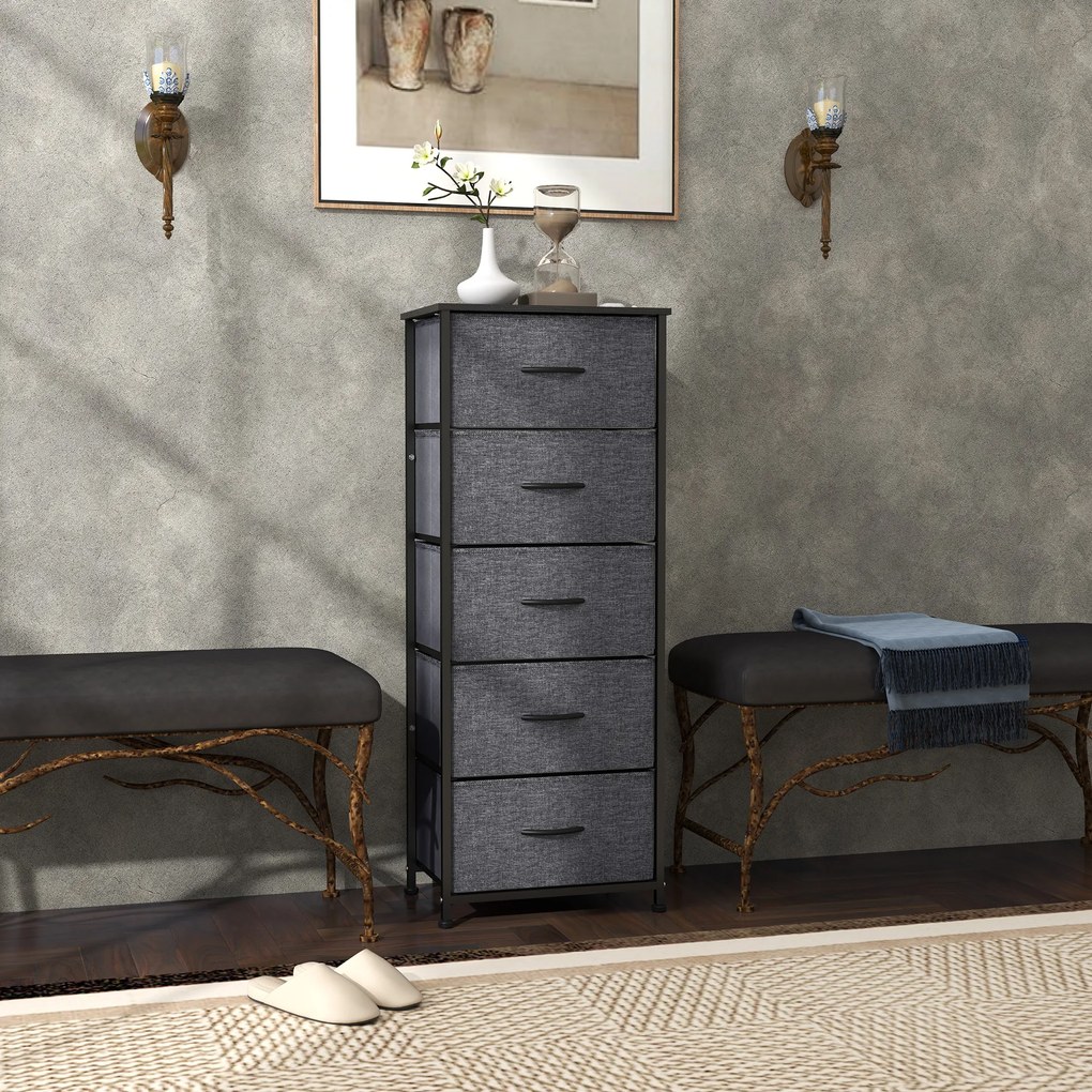 HOMCOM Comodă 5 sertare mobilier de depozitare sertar din material pliabil - structură din oțel negru - 45 x 30 x 116 cm gri închis | Aosom Romania