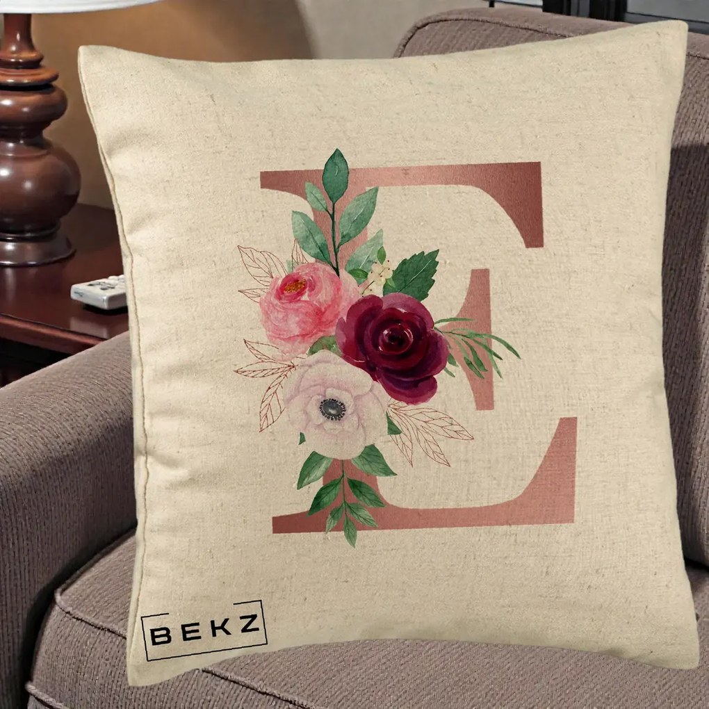 Cadou Personalizat - Perna Personalizata Monograma Rose Gold Litera E, 40x40 cm, Bej, Husa Detasabila, Perna Inclusa, BEKZ®