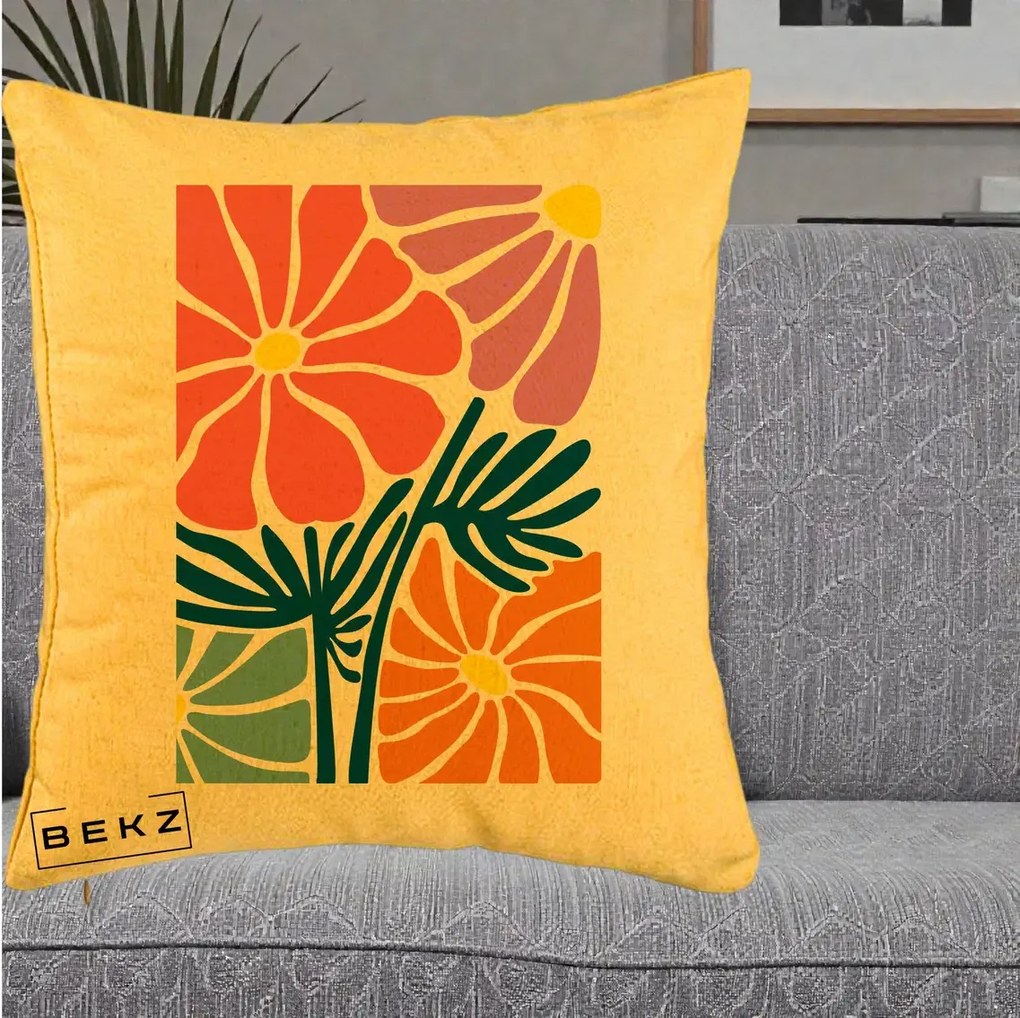 Perna Decorativa Flori Grafice Roz-Orange-Albastru, 40x40 cm, Galben, Husa Detasabila, Perna Inclusa, BEKZ®