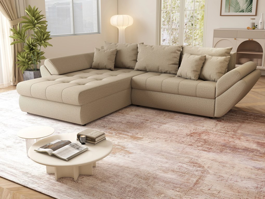 Colțar extensibil dumonde cu ladă de depozitare si sezut confortabil din spuma high-density, Loana Enjoy Camel 270x185 cm