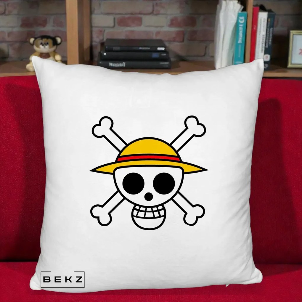 Perna Personalizata One Piece Jolly Roger Straw Hat Pirates, 40x40 cm, Alb Pufos, Husa Detasabila, Perna Inclusa, BEKZ®