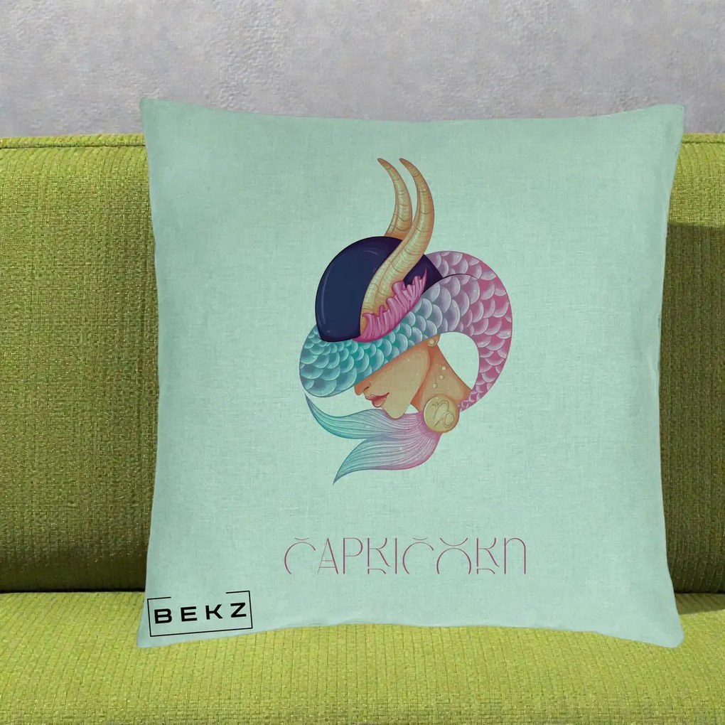 Perna Personalizata Zodiac Capricorn Cowgirl, 40x40 cm, Verde Menta, Husa Detasabila, Perna Inclusa, BEKZ®
