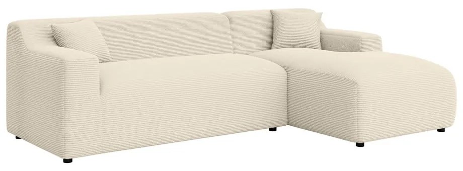 Colțar bej-crem cu tapițerie din catifea reiată (cu colț pe partea dreaptă, cu șezlong) Martin – Ropez