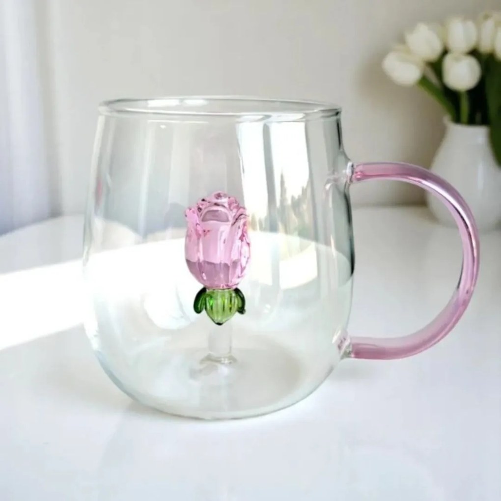 Cană cu lalea de sticlă în interior, pereți dubli, sticlă borosilicată, 400 ml, SZK129