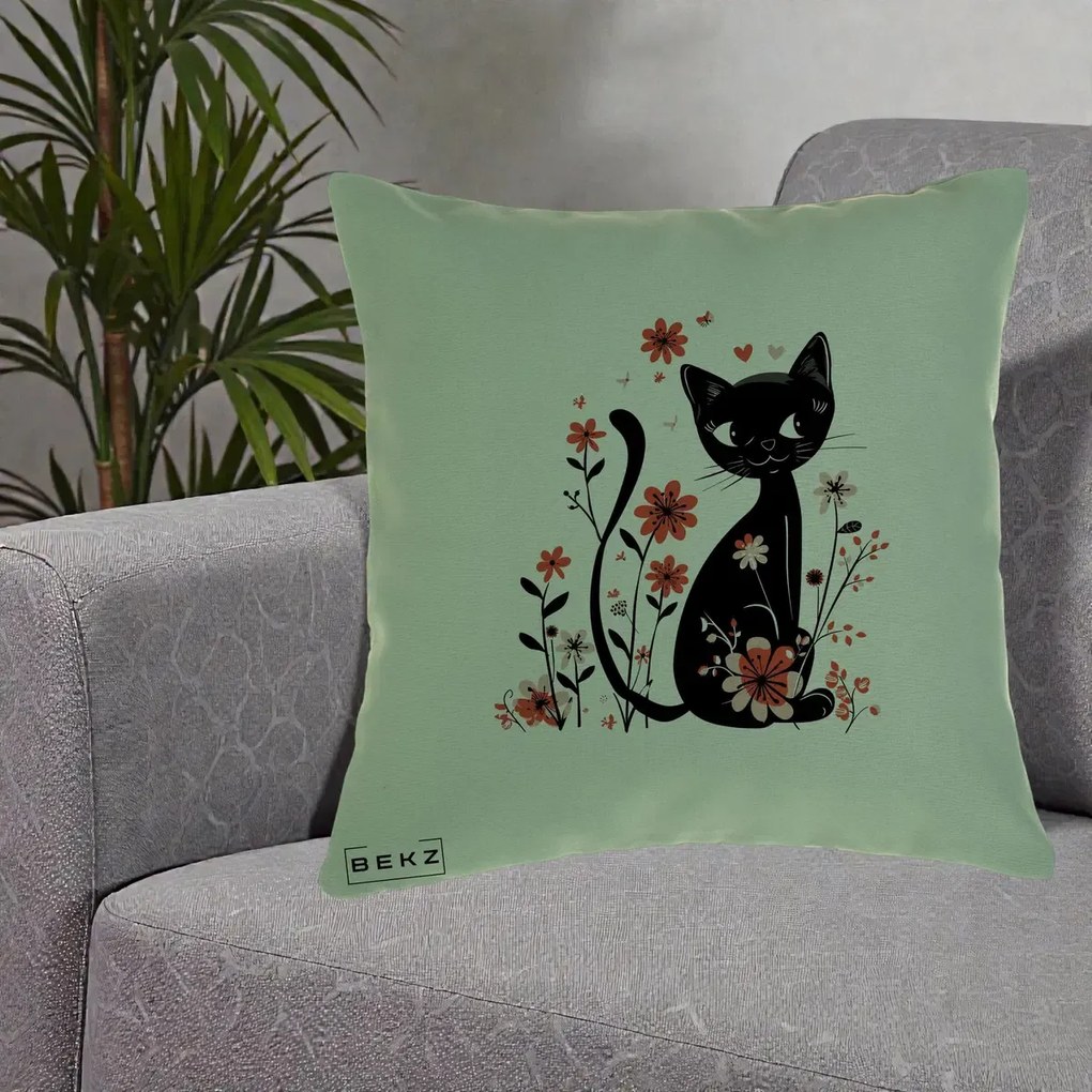 Perna Decorativa Pisica Neagra Flori Roz si Inimi, 40x40 cm, Verde, Husa Detasabila, Perna Inclusa, BEKZ®