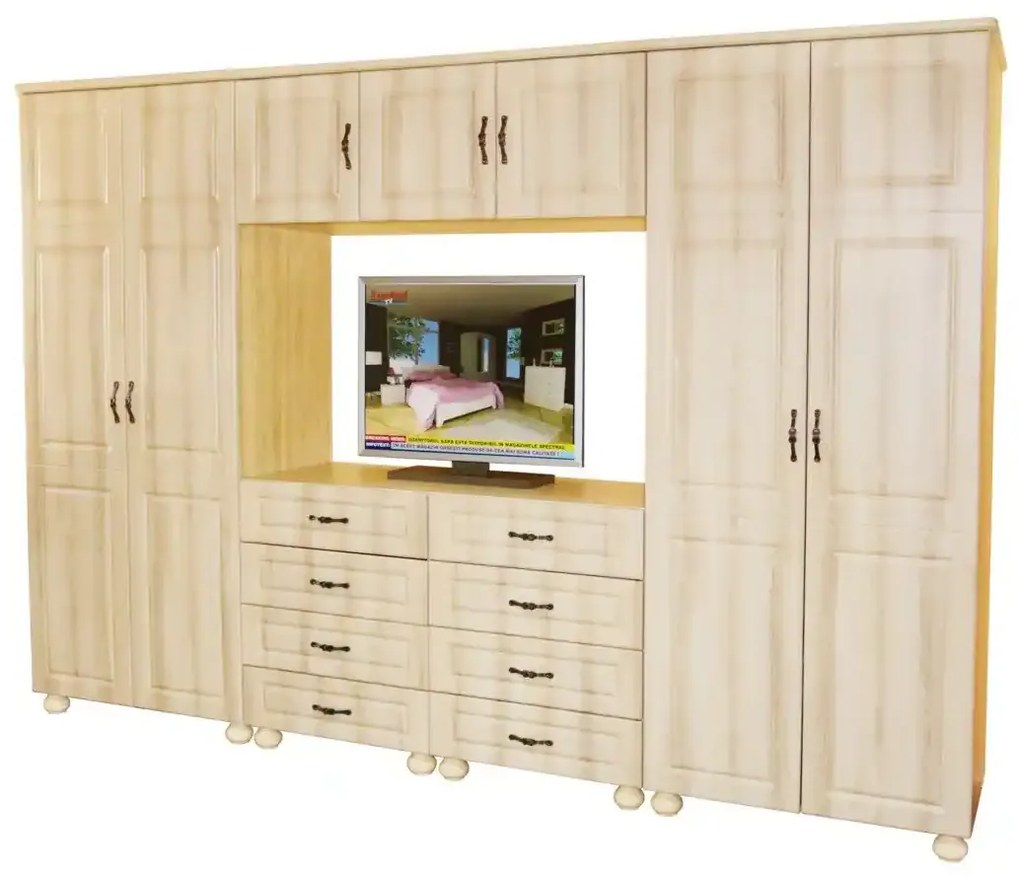 Dulap dormitor Dynasty cu spatiu TV , 7 usi si 8 sertare, Stejar Sonoma