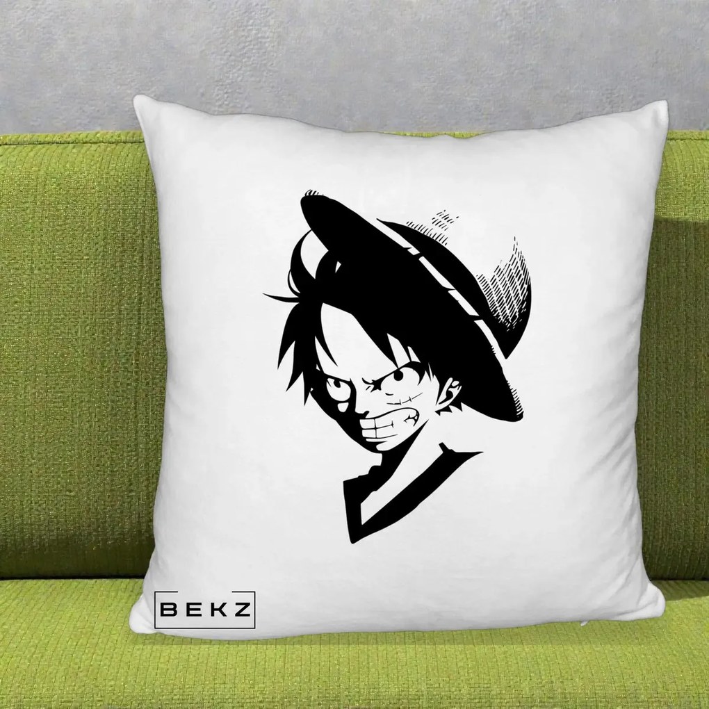 Perna Personalizata One Piece Luffy Silueta Alb-Negru, 40x40 cm, Alb Pufos, Husa Detasabila, Perna Inclusa, BEKZ®