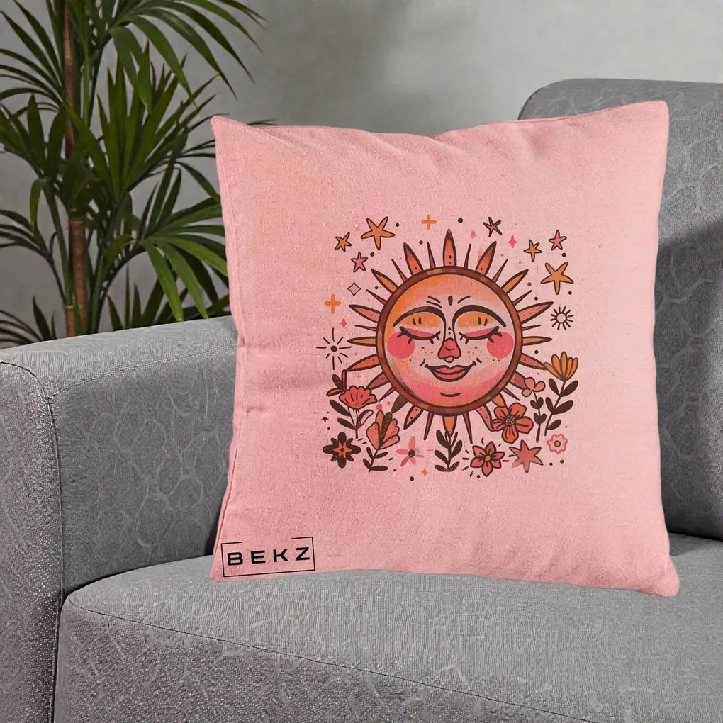 Perna Decorativa Soare Retro Boho Floral, 40x40 cm, Roz, Husa Detasabila, Perna Inclusa, BEKZ®