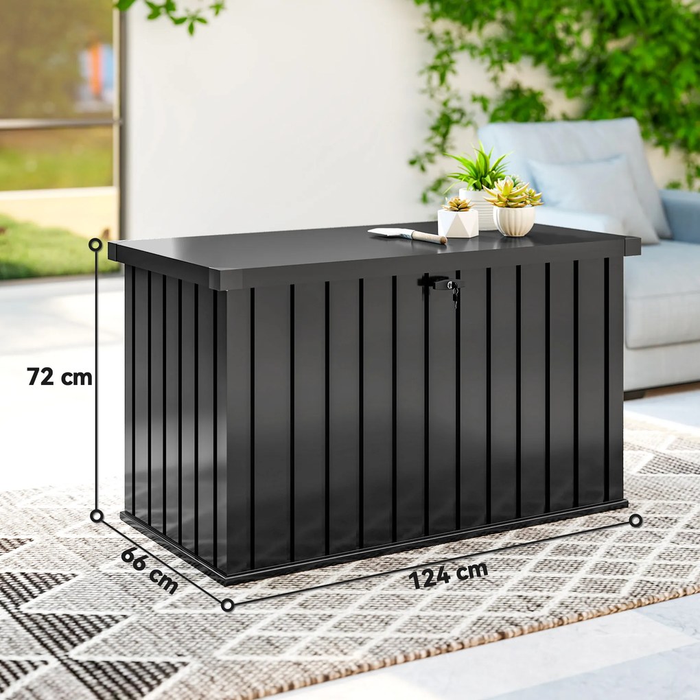 Outsunny Ladă de Depozitare Exterior 400L din Oțel Zincat, cu Încuietoare și 2 Chei, 124 x 66 x 72 cm, Negru | Aosom Romania