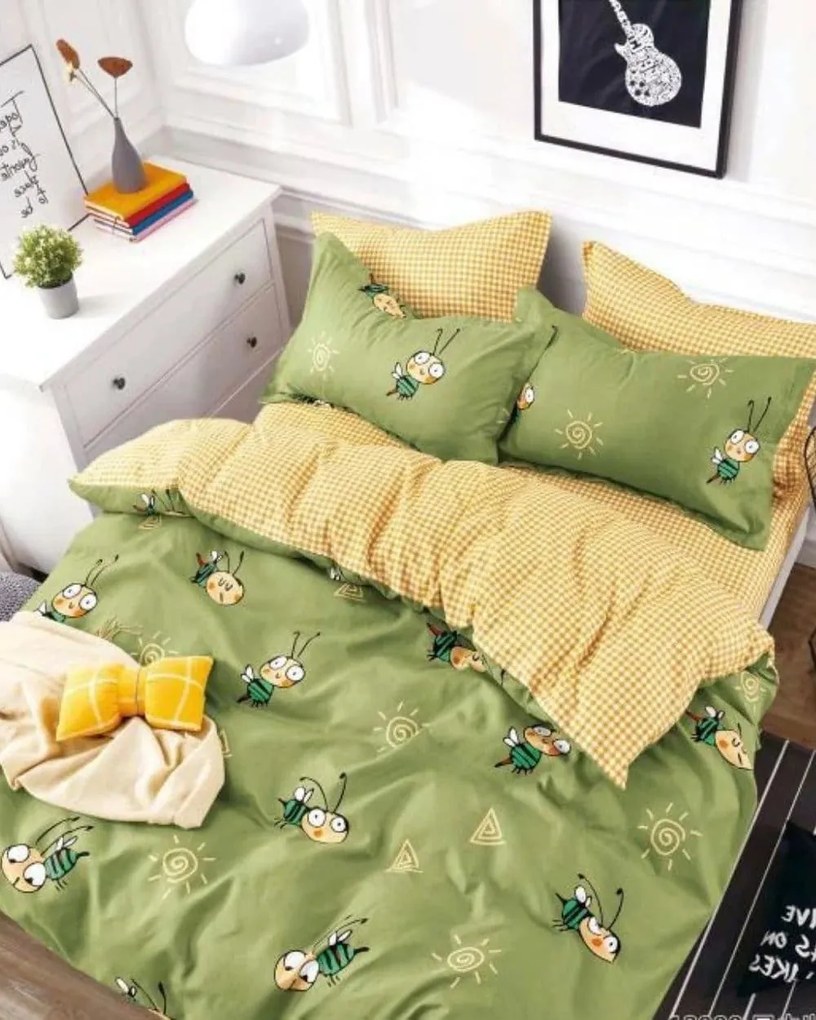 Lenjerie de pat, tesatura tip finet, 4 piese, verde / galben, pat 1 persoana, albinute