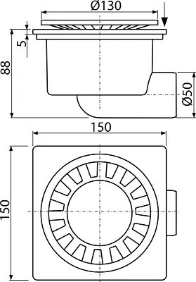 Sifon pardoseala 150Ã 150 50 mm iesire laterala, gratar de plastic alb, sistem de retinere a mirosurilor umed APV15