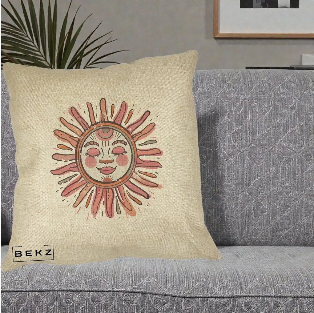 Perna Decorativa Soare Roz Tribal, 40x40 cm, Crem, Husa Detasabila, Perna Inclusa, BEKZ®