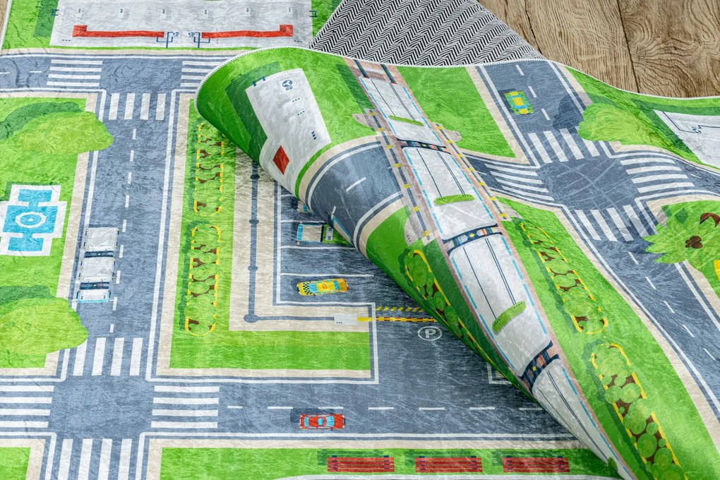 BAMBINO 2624 covor lavabil Oraș, străzi pentru copii anti-alunecare - verde / gri