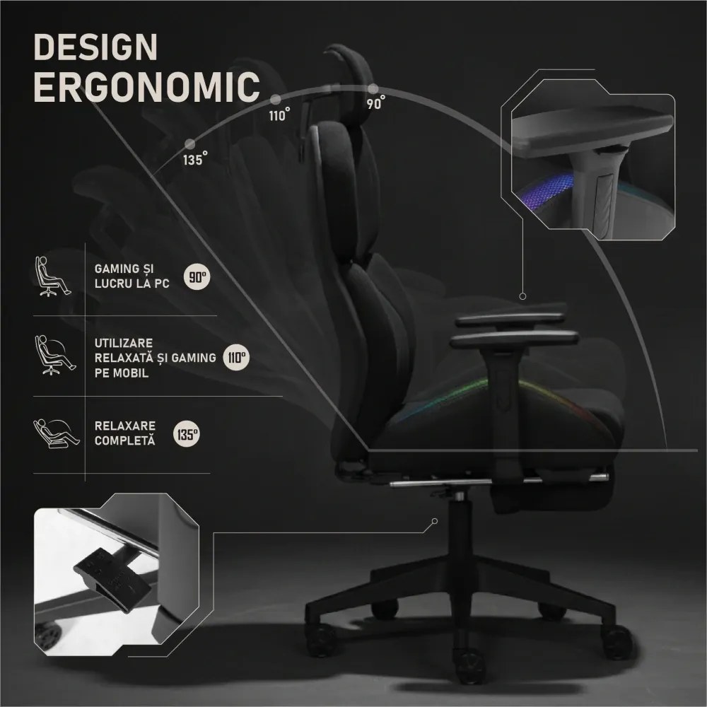 LUMINA X-Motion Pro – Scaun Gaming & Office Premium cu LED RGB și Suport pentru Picioare – Confort Inteligent și Design Spectaculos, Textil, Negru/Mov