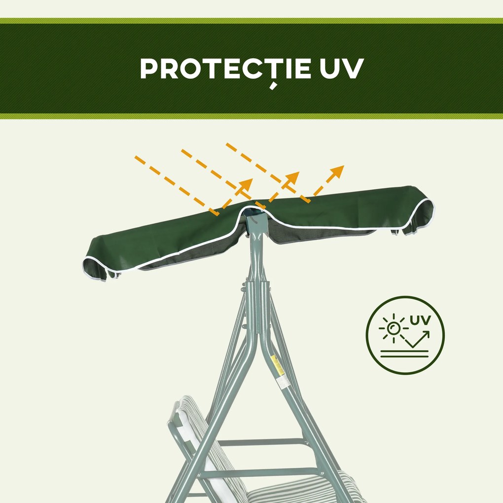 Outsunny Balansoar de Gradina 3 Locuri Acoperis Parasolar si Structura din Otel si Poliester, 172x110x153 cm, Alb si Verde | Aosom Romania