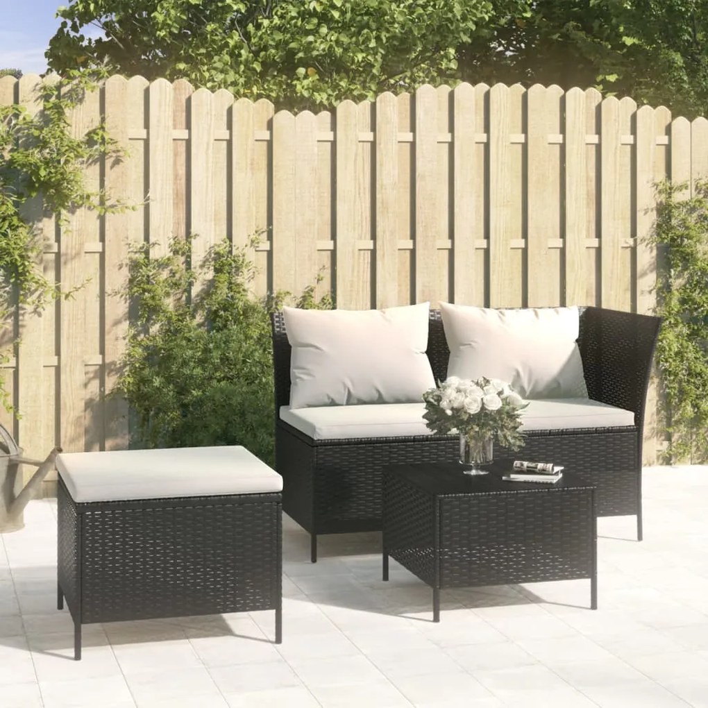 319692 vidaXL Set mobilier de grădină cu perne, 3 piese, negru, poliratan