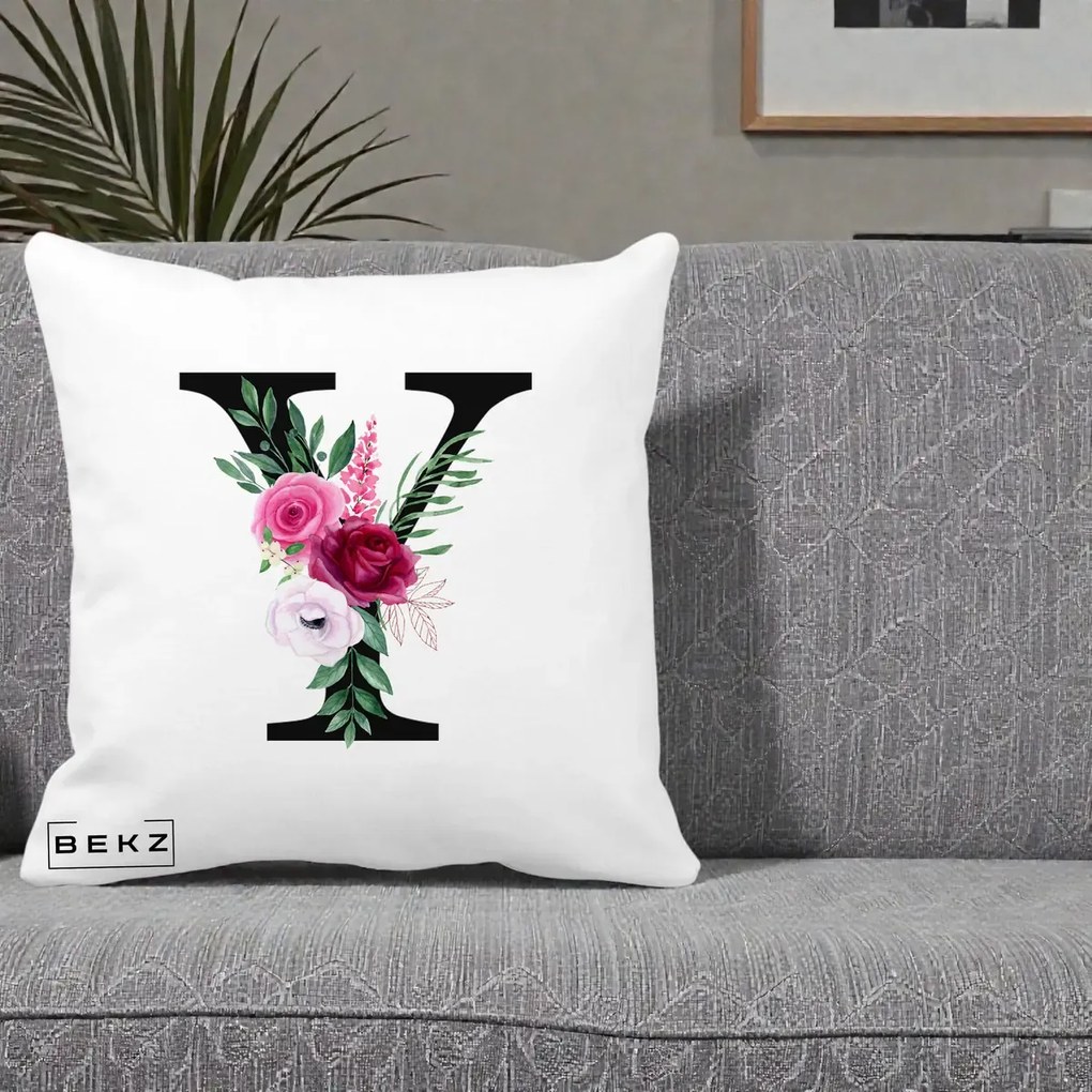 Cadou Personalizat - Perna Personalizata Monograma Florala Litera Y cu Buchet, 40x40 cm, Alba Mata, Husa Detasabila, Perna Inclusa, BEKZ®