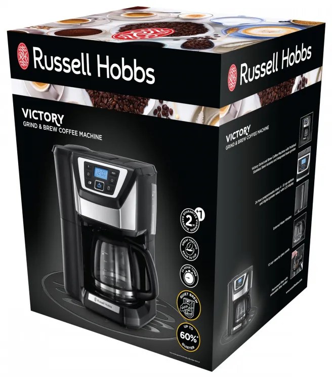Cafetiera Russell Hobbs Victory Grind & Brew 22000-56, 1025W, 1,5 L, 250 g, 12 cesti, Timer, Filtru incorporat, Negru/inox