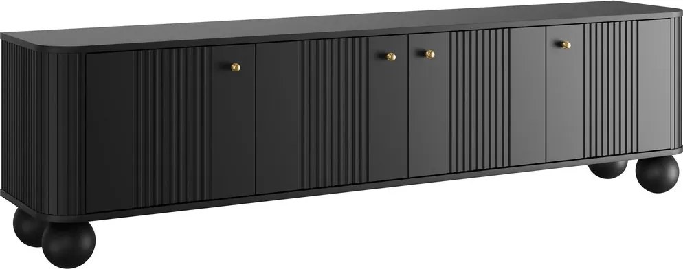 Comodă TV Vesper 4D 187 cm - negru / mânere aurii / picioare sferice