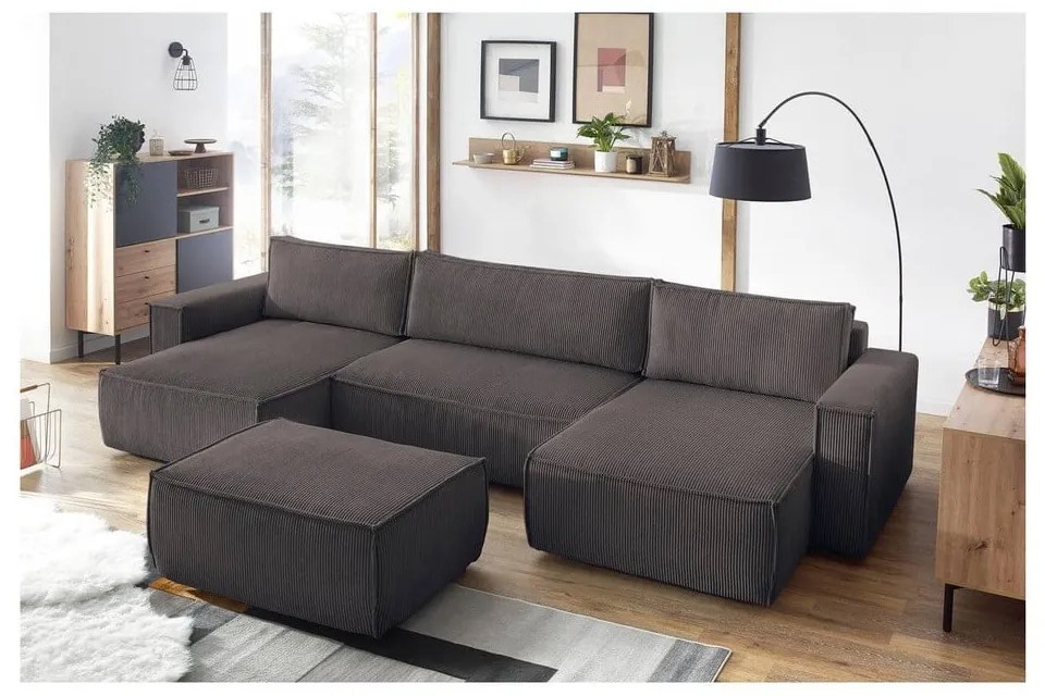 Taburet taupe cu tapițerie din catifea reiată Nihad – Bobochic Paris