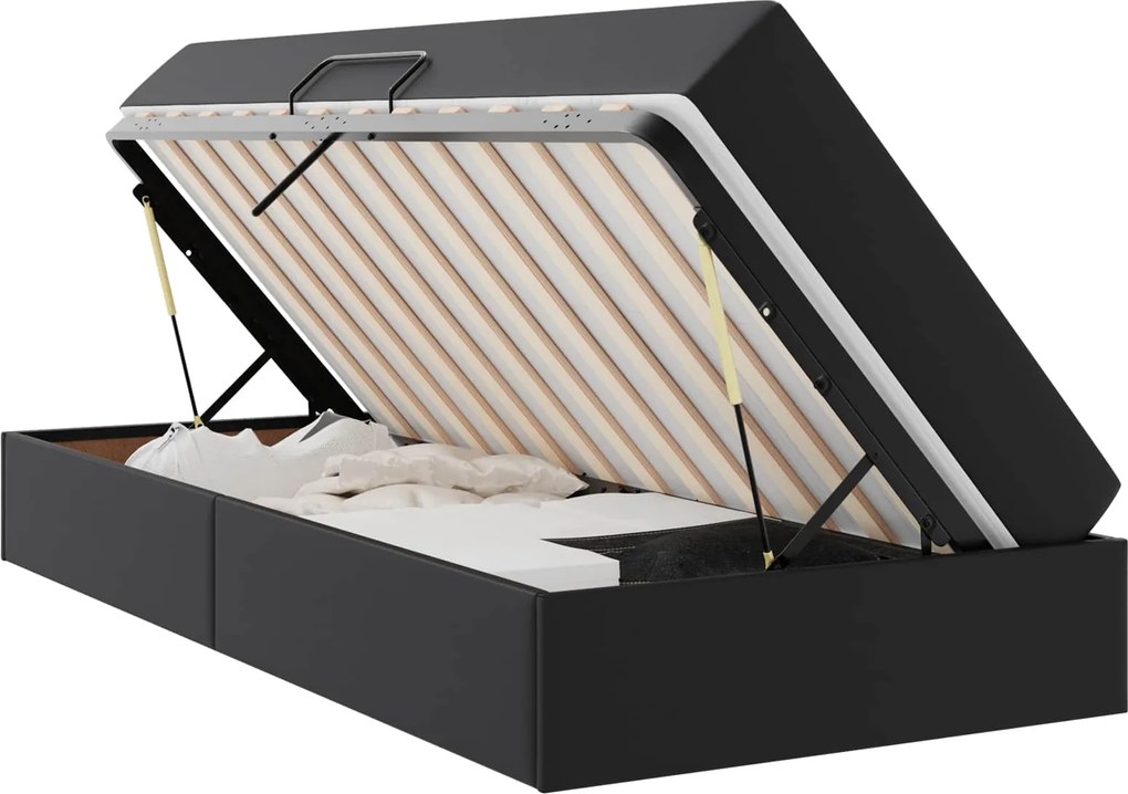 vidaXL Pat cu saltea și spațiu de depozitare 2 pcs Negru Piele