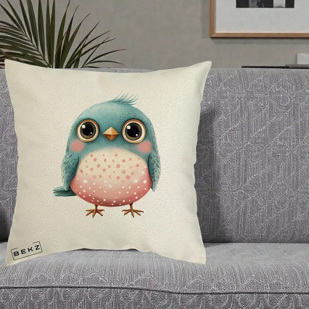 Perna Decorativa Pasare Teal-Roz cu Pete, 40x40 cm, Ecru, Husa Detasabila, Perna Inclusa, BEKZ®