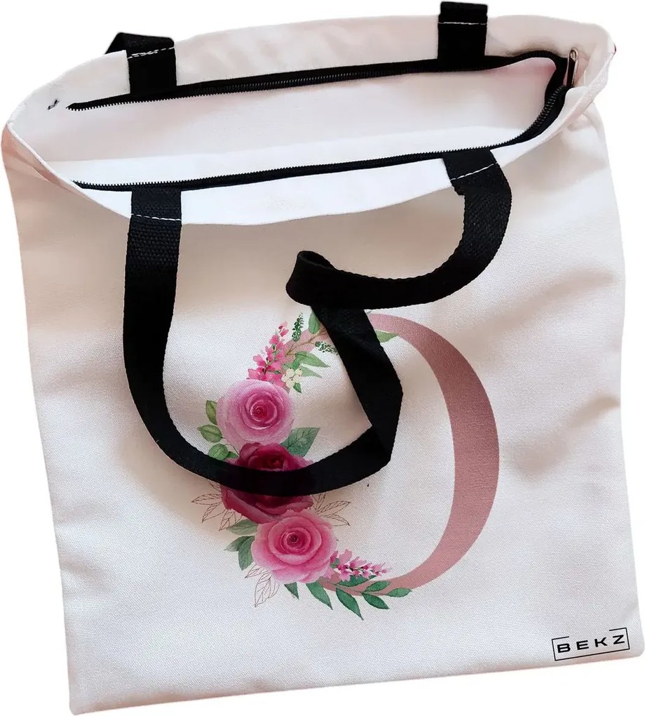Sacosa de Panza pentru Cumparaturi, Geanta Tote, Cu litera O Rose Gold si Trandafiri, Cu fermoar, 38x34.5 cm, Alba, BEKZ®