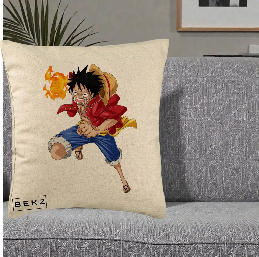 Perna Personalizata One Piece Luffy Gear Second Foc, 40x40 cm, Bej, Husa Detasabila, Perna Inclusa, BEKZ®