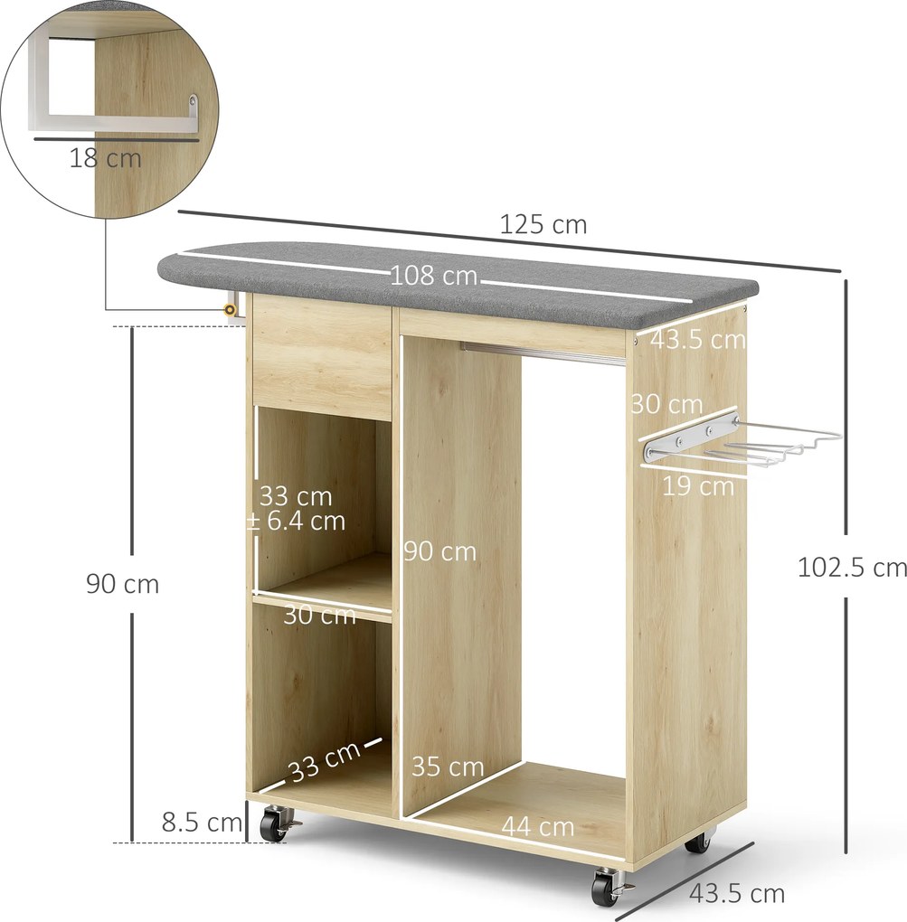 HOMCOM Dulap pentru călcat din lemn masă de călcat pe roți bară de suspendare raft 125 x 43,5 x 102,5 cm lemn natural | Aosom Romania