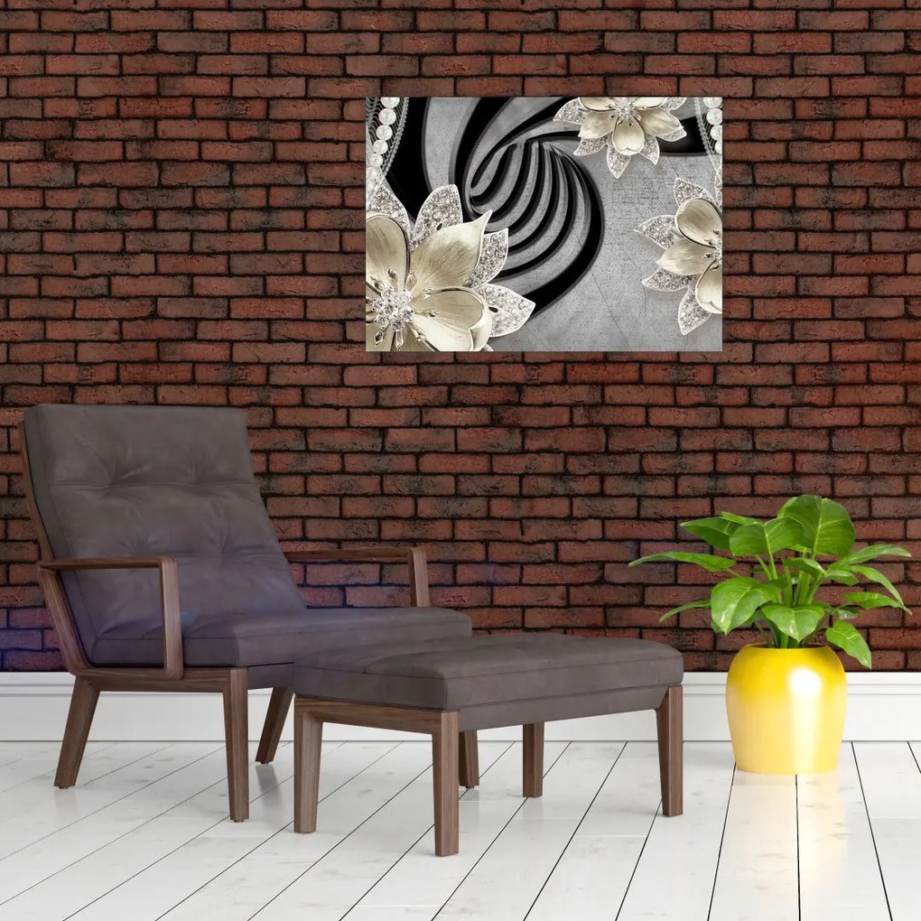 Tablou pe sticlă - 3D Flori aurii (70x50 cm)