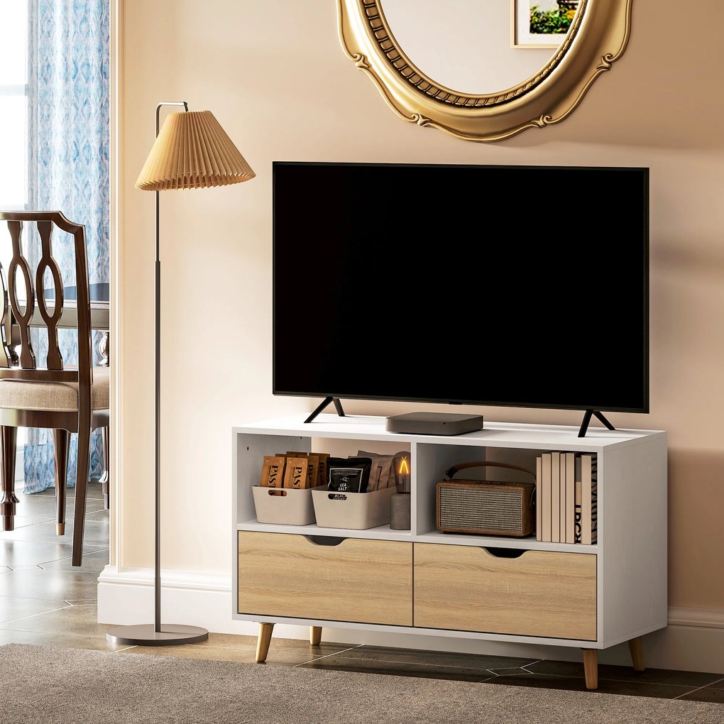 HOMCOM TV-bench, TV-kommod cu sertare, rafturi deschise, lemn, 99 x 39 x 58 cm, Alb | Aosom Romania
