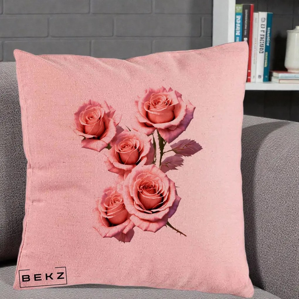 Perna Decorativa Trandafiri Roz Pastel Acuarela, 40x40 cm, Roz, Husa Detasabila, Perna Inclusa, BEKZ®
